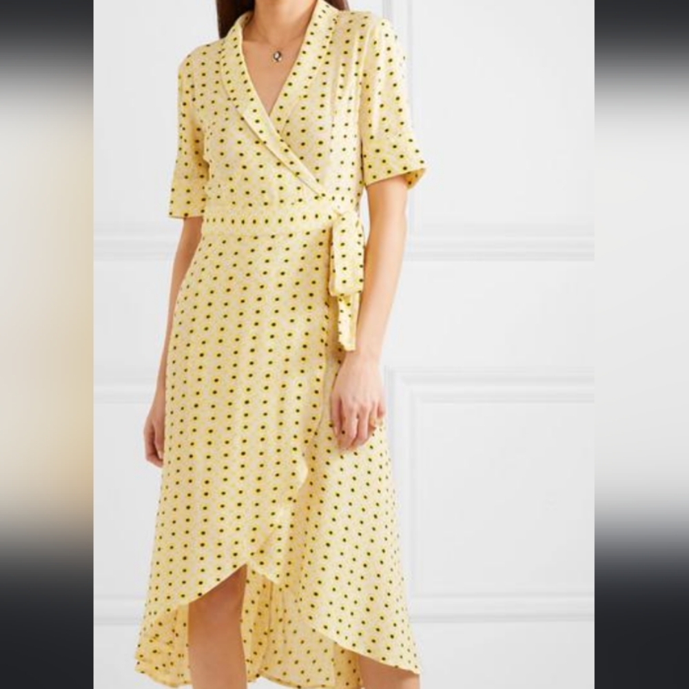 *sold* Ganni yellow daisy crepe midi wrap dress size 36/US S